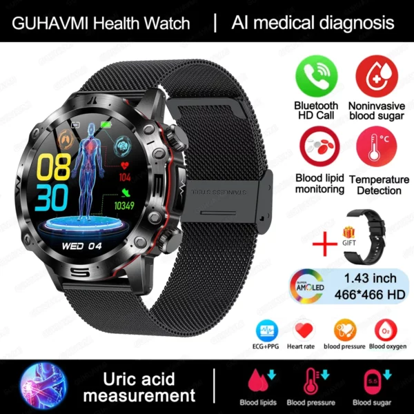 2024 New Blood Lipids Uric Acid Blood Glucose Smart Watch For Men ECG+PPG Fitness Tracker Clock Bluetooth Call Health Smartwatch - Image 12