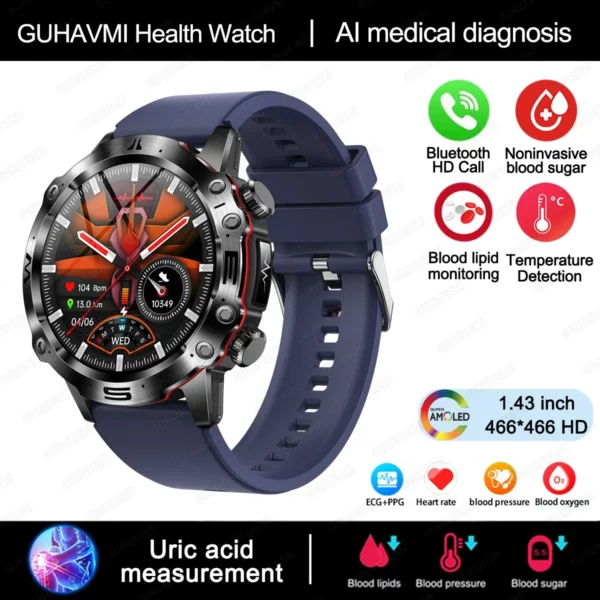 2024 New Blood Lipids Uric Acid Blood Glucose Smart Watch For Men ECG+PPG Fitness Tracker Clock Bluetooth Call Health Smartwatch - Image 9