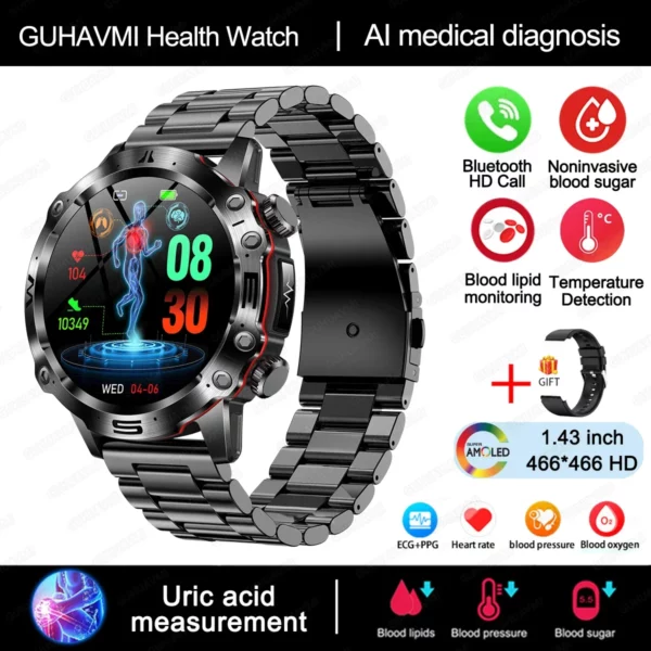 2024 New Blood Lipids Uric Acid Blood Glucose Smart Watch For Men ECG+PPG Fitness Tracker Clock Bluetooth Call Health Smartwatch - Image 13