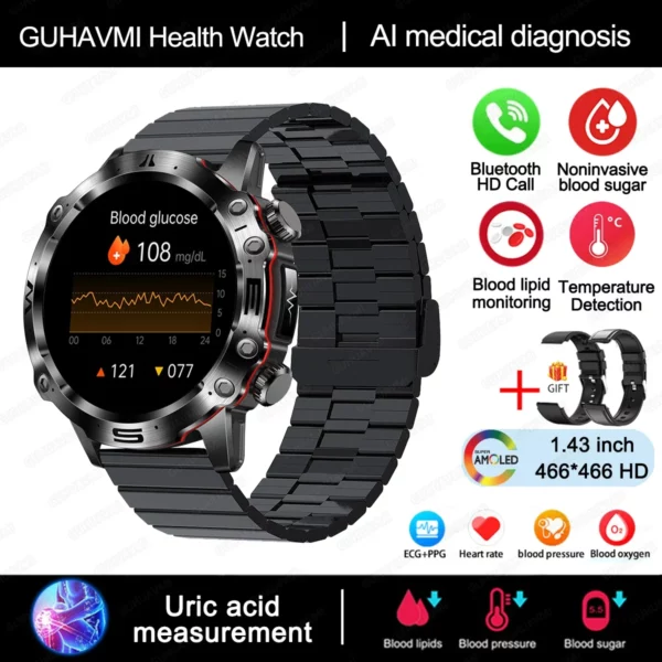 2024 New Blood Lipids Uric Acid Blood Glucose Smart Watch For Men ECG+PPG Fitness Tracker Clock Bluetooth Call Health Smartwatch - Image 17