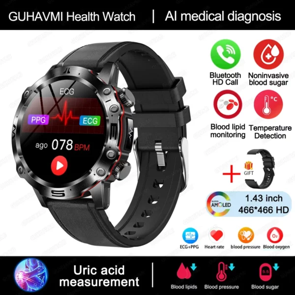 2024 New Blood Lipids Uric Acid Blood Glucose Smart Watch For Men ECG+PPG Fitness Tracker Clock Bluetooth Call Health Smartwatch - Image 10
