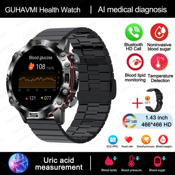 2024 New Blood Lipids Uric Acid Blood Glucose Smart Watch For Men ECG+PPG Fitness Tracker Clock Bluetooth Call Health Smartwatch - Image 14