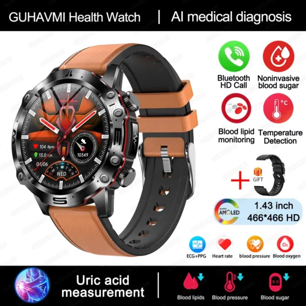2024 New Blood Lipids Uric Acid Blood Glucose Smart Watch For Men ECG+PPG Fitness Tracker Clock Bluetooth Call Health Smartwatch - Image 11