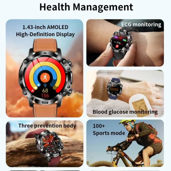 2024 New Blood Lipids Uric Acid Blood Glucose Smart Watch For Men ECG+PPG Fitness Tracker Clock Bluetooth Call Health Smartwatch - Image 2
