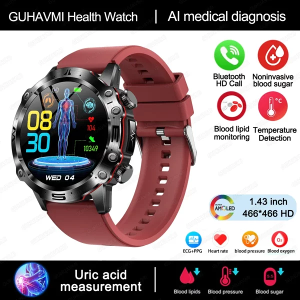 2024 New Blood Lipids Uric Acid Blood Glucose Smart Watch For Men ECG+PPG Fitness Tracker Clock Bluetooth Call Health Smartwatch - Image 8