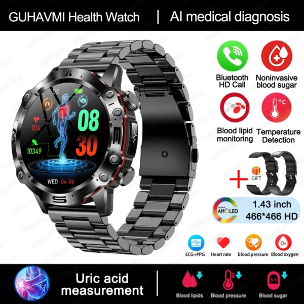 2024 New Blood Lipids Uric Acid Blood Glucose Smart Watch For Men ECG+PPG Fitness Tracker Clock Bluetooth Call Health Smartwatch - Image 16