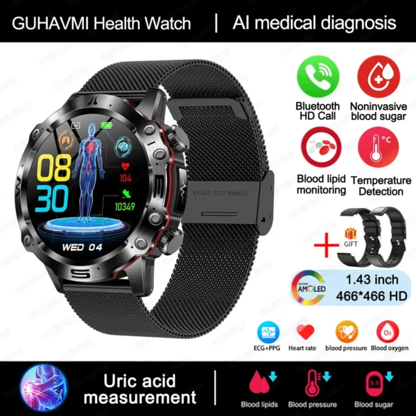 2024 New Blood Lipids Uric Acid Blood Glucose Smart Watch For Men ECG+PPG Fitness Tracker Clock Bluetooth Call Health Smartwatch - Image 15