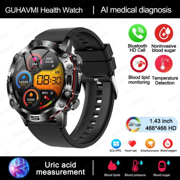 2024 New Blood Lipids Uric Acid Blood Glucose Smart Watch For Men ECG+PPG Fitness Tracker Clock Bluetooth Call Health Smartwatch - Image 7